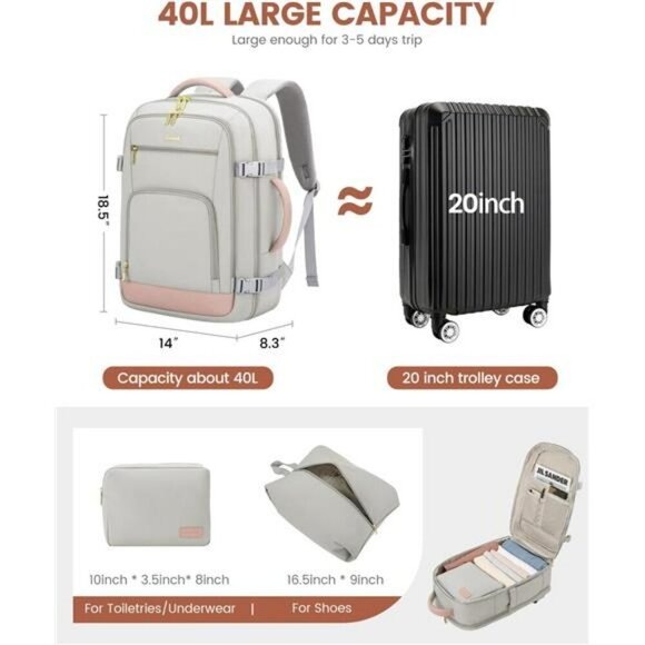 LOVEVOOK Travel Backpack Women 40L Carry On Laptop Bag TSA Approved Waterproof - Picture 4 of 7